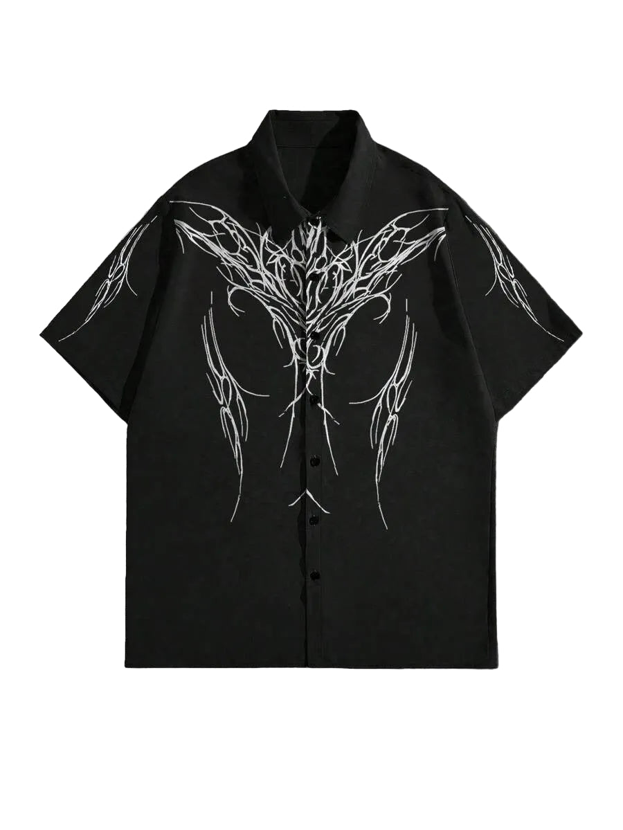 Black shirt with white abstract design on a gray background