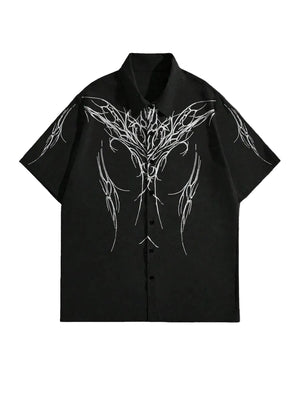 Black shirt with white abstract design on a gray background